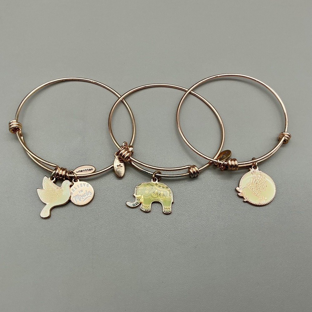 Unwritten Charm Bangle Bracelet Set Women Rose Gold Animal Dove Elephant Bird